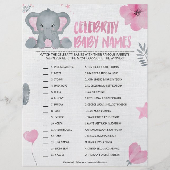 Celebrity Baby Names [Baby Elephant [Pink]] Letterhead (Front)