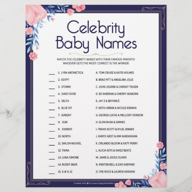 Celebrity Baby Names [Floral Frame] Letterhead (Front)