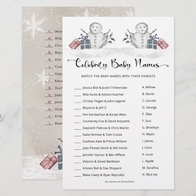  Celebrity Baby Names Snowman Baby Shower (Front/Back)