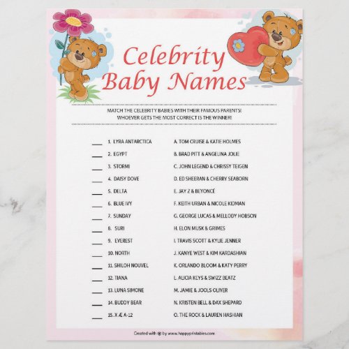 Celebrity Baby Names Teddy Bears Letterhead