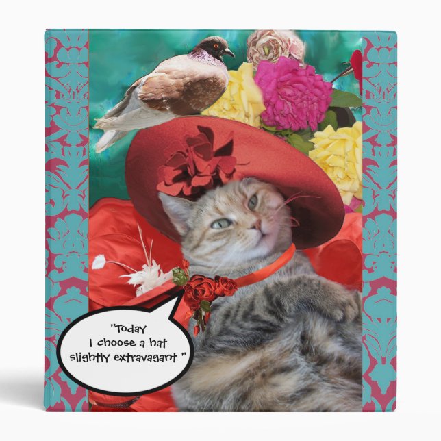 CELEBRITY CAT PRINCESS TATUS, RED HAT WITH PIGEON 3 RING BINDER (Front)