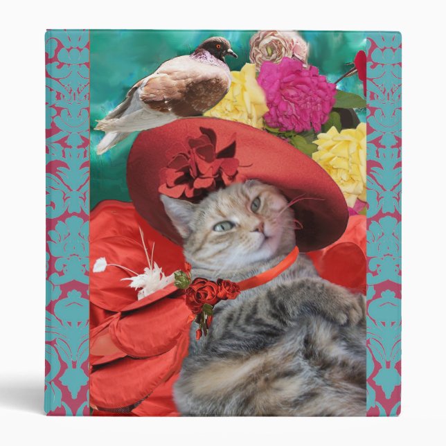 CELEBRITY CAT PRINCESS TATUS, RED HAT WITH PIGEON 3 RING BINDER (Front)