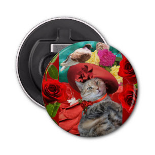 CELEBRITY CAT PRINCESS TATUS, RED HAT WITH PIGEON BOTTLE OPENER