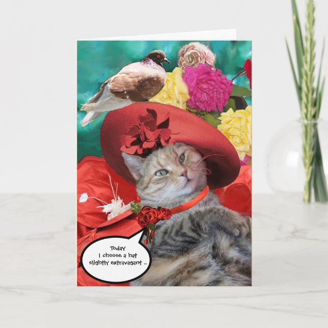 CELEBRITY CAT PRINCESS TATUS, RED HAT WITH PIGEON CARD (Front)
