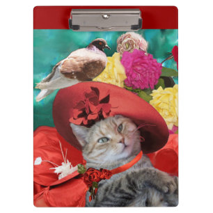 CELEBRITY CAT PRINCESS TATUS, RED HAT WITH PIGEON CLIPBOARD