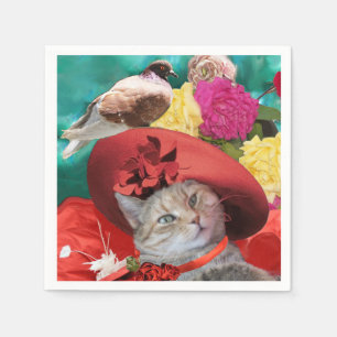 CELEBRITY CAT PRINCESS TATUS, RED HAT WITH PIGEON NAPKINS