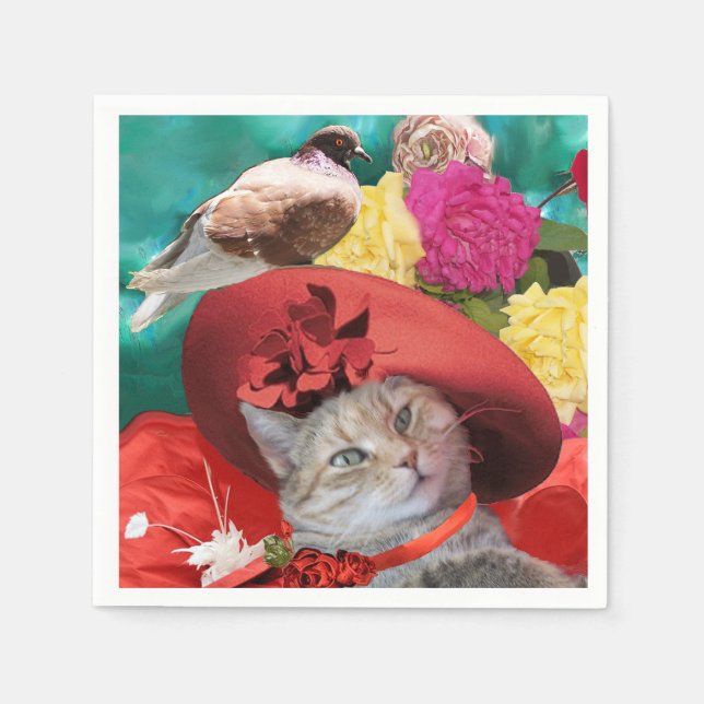 CELEBRITY CAT PRINCESS TATUS, RED HAT WITH PIGEON NAPKINS (Front)