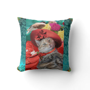 CELEBRITY CAT PRINCESS TATUS, RED HAT WITH PIGEON THROW PILLOW
