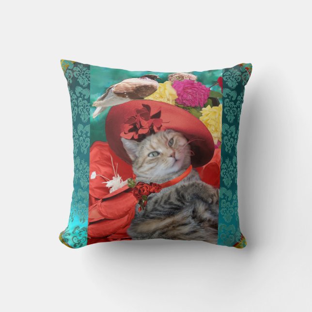 CELEBRITY CAT PRINCESS TATUS, RED HAT WITH PIGEON THROW PILLOW (Front)