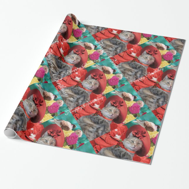 CELEBRITY CAT PRINCESS TATUS, RED HAT WITH PIGEON WRAPPING PAPER (Unrolled)