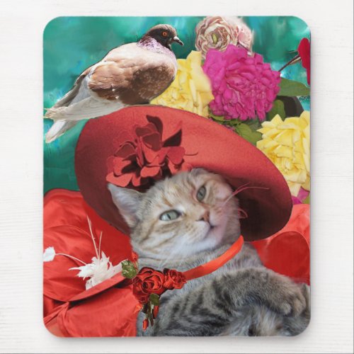 CELEBRITY CAT PRINCESS TATUS WITH RED HAT AND DOVE MOUSE PAD