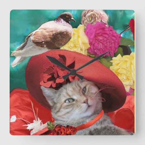 CELEBRITY CAT PRINCESS TATUS WITH RED HAT AND DOVE SQUARE WALL CLOCK