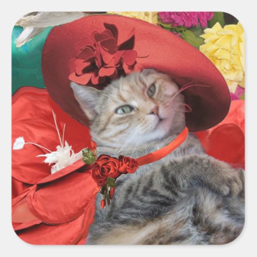 CELEBRITY CAT PRINCESS TATUS WITH RED HAT SQUARE STICKER