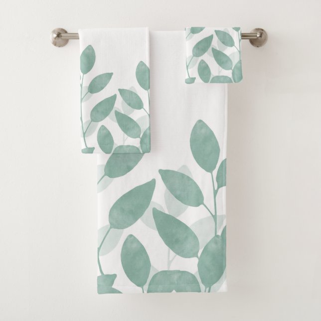 Celedon Watercolor Leaves Bath Towel Set (Insitu)