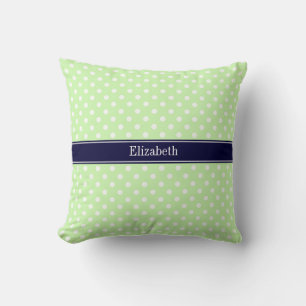 Celery and White Polka Dots Navy Name Monogram Throw Pillow