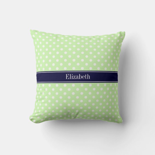 Celery and White Polka Dots Navy Name Monogram Throw Pillow (Front)