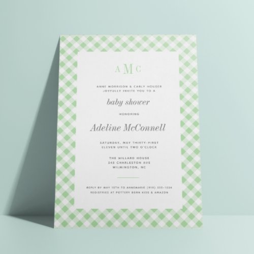 Celery Green Gingham Traditional Baby Shower Invitation