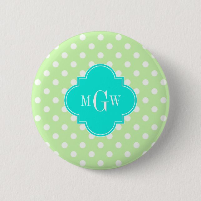 Celery Polka Dot Aqua Quatrefoil 3 Monogram Pinback Button (Front)