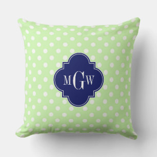 Celery Polka Dot Navy Blue Quatrefoil 3 Monogram Throw Pillow