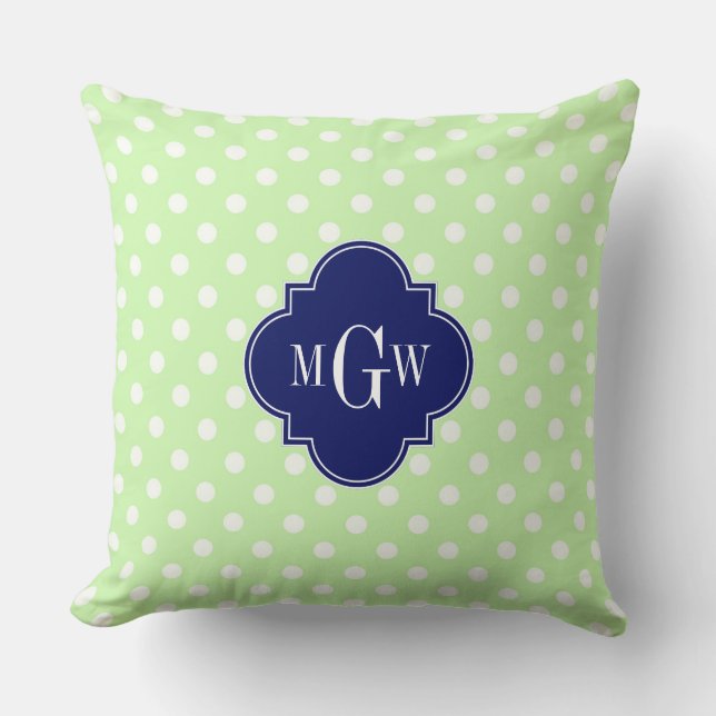 Celery Polka Dot Navy Blue Quatrefoil 3 Monogram Throw Pillow (Front)