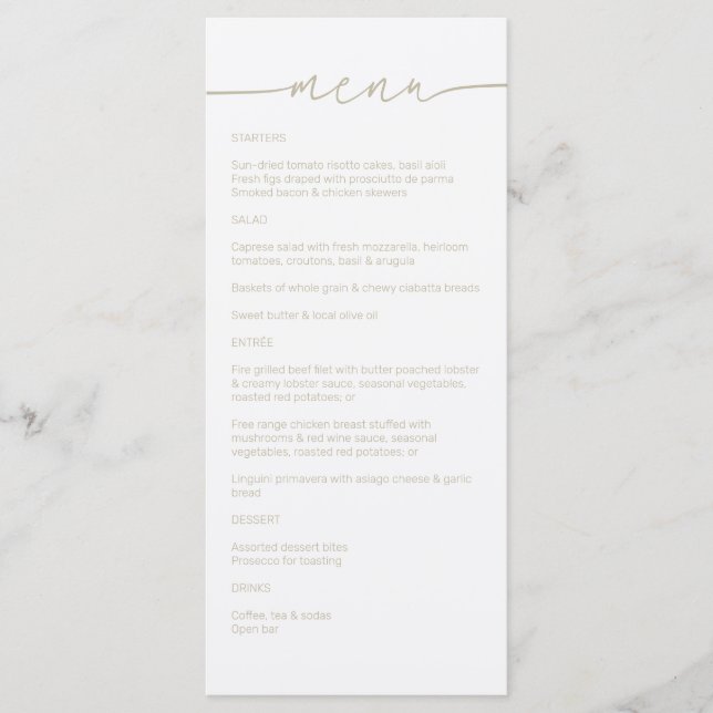 Celery Powder • Modern Minimalist Script Wedding Menu (Front)