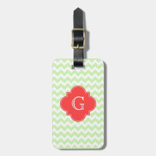 Celery White Chevron Coral Quatrefoil Monogram Luggage Tag