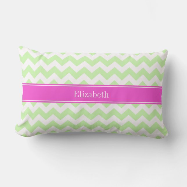 Celery White Chevron Hot Pink Name Monogram Lumbar Pillow (Front)