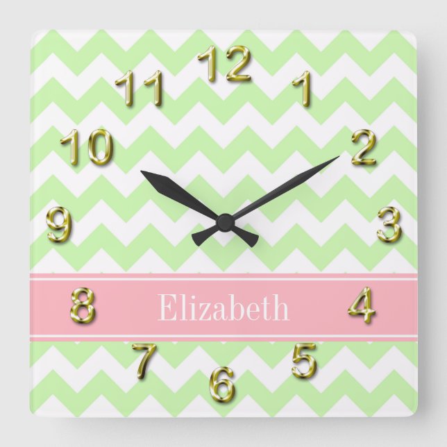 Celery White Chevron Pink Name Monogram Square Wall Clock (Front)