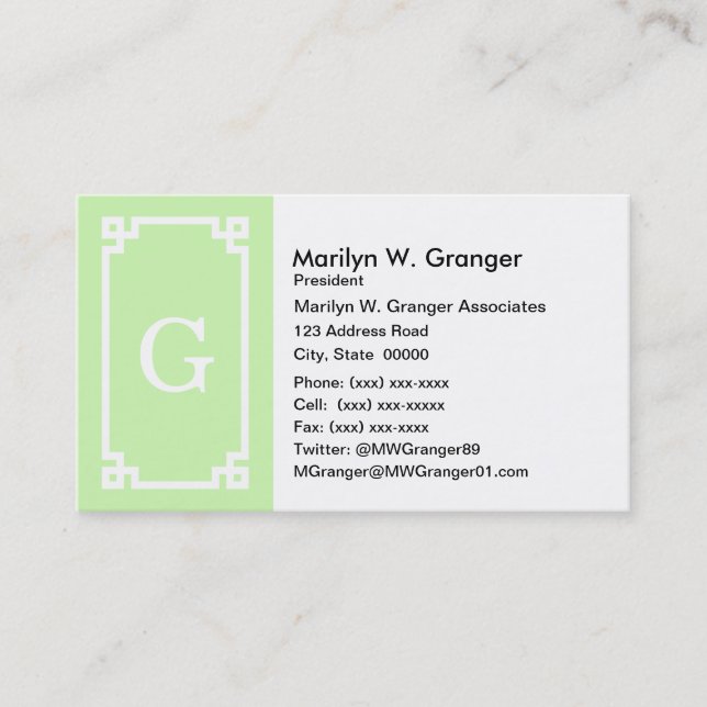 Celery White Greek Key Frame #2 Initial Monogram Business Card (Front)