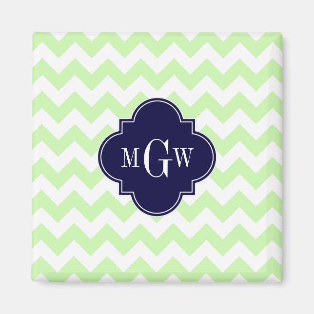 Celery Wht Chevron Navy Blue Quatrefoil 3 Monogram Magnet (Front)