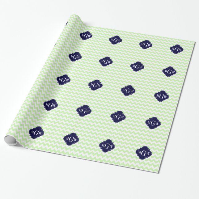 Celery Wht Chevron Navy Blue Quatrefoil 3 Monogram Wrapping Paper (Unrolled)