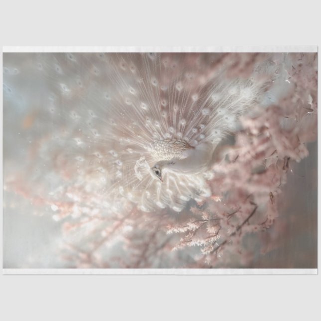 Celesial White Peacock with Bloom Pink Decoupage  Tissue Paper (Front)