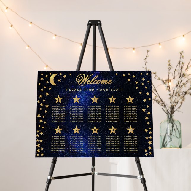 Celestial 10 Tables Seating Chart Gold Stars Blue Foam Board (In Situ (Stand))