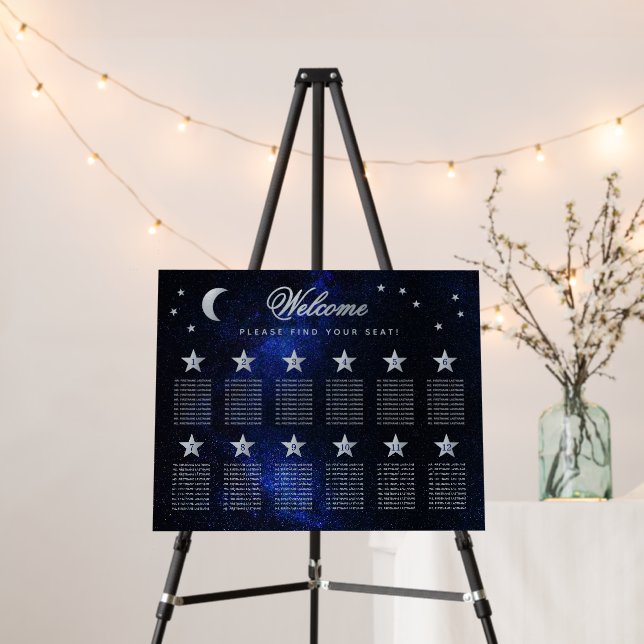 Celestial 12 Table Seating Chart Silver Stars Blue Foam Board (In Situ (Stand))