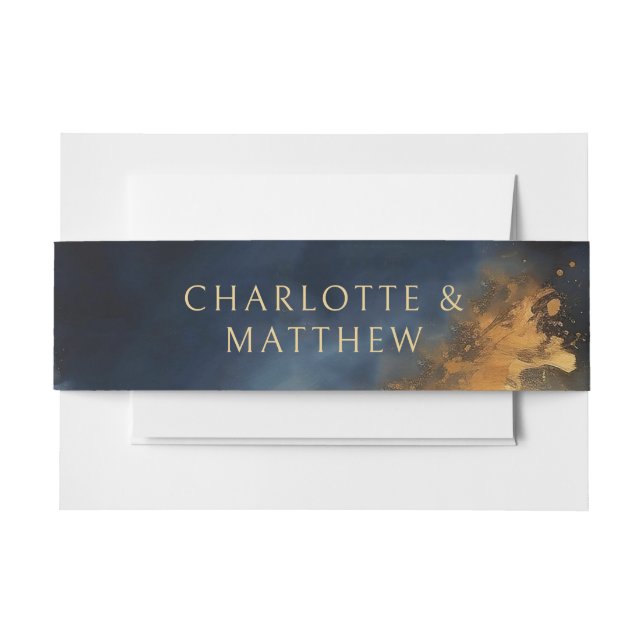 Celestial Abstract Blue Golden Moon Wedding Invitation Belly Band (Front Example)