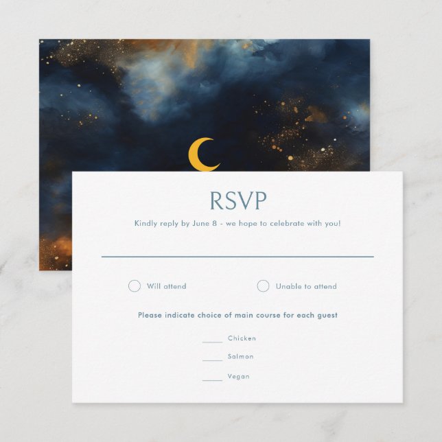 Celestial Abstract Blue Golden Moon Wedding RSVP Card (Front/Back)