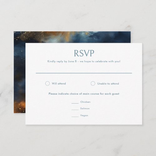Celestial Abstract Blue Golden Moon Wedding RSVP Card