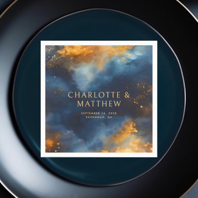 Celestial Abstract Blue Golden Names Wedding Napkins (Creator Uploaded)