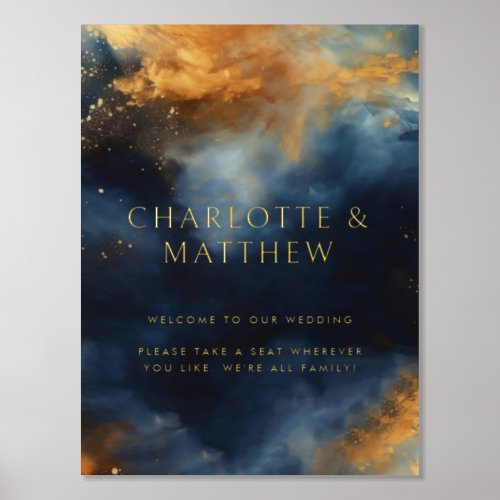 Celestial Abstract Blue Golden Wedding Welcome Foil Prints