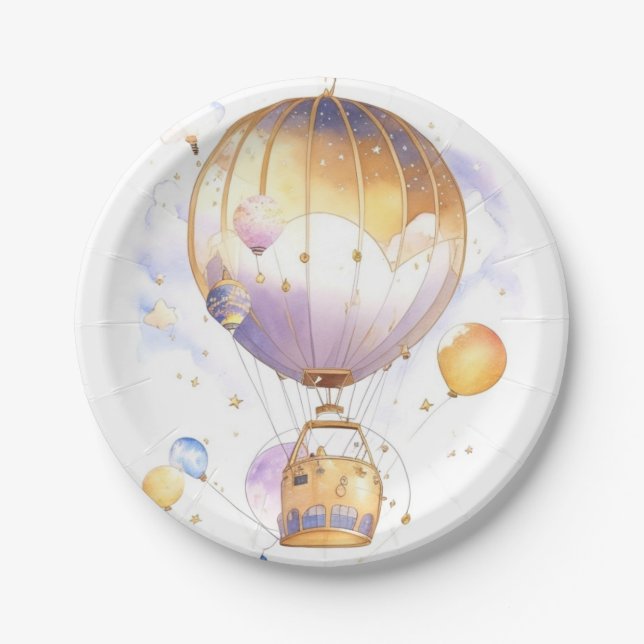 Celestial Adventure: Hot Air Balloon Baby Shower Paper Plates (Front)