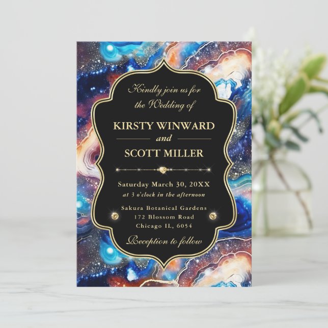 Celestial Agate Starry Gold & Blue Hues Wedding Invitation (Standing Front)