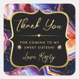 Celestial Agate with Gold & Purple Hues Sweet 16 Square Sticker
