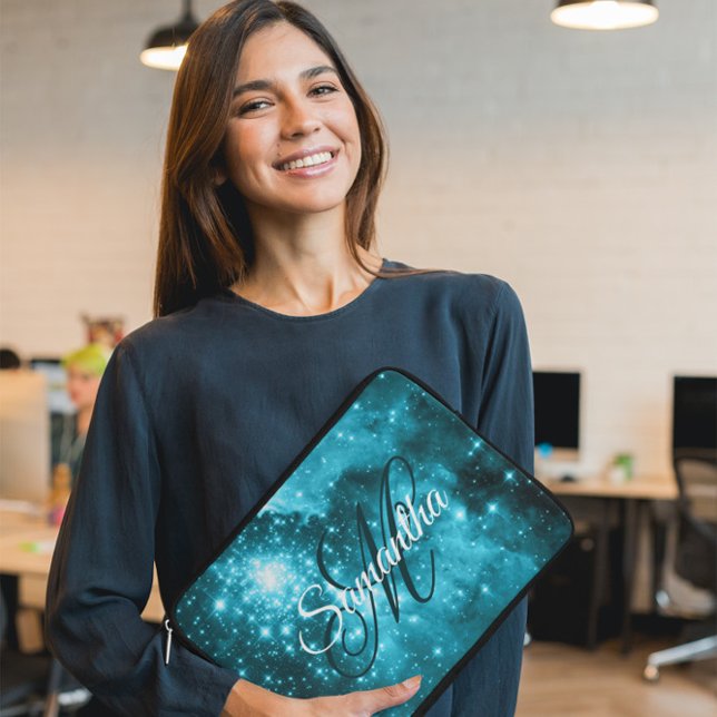 Celestial Aqua Teal Starry Sparkle Fancy Monogram Laptop Sleeve (Customize the font style, size and color to create your own monogrammed gift for her.)