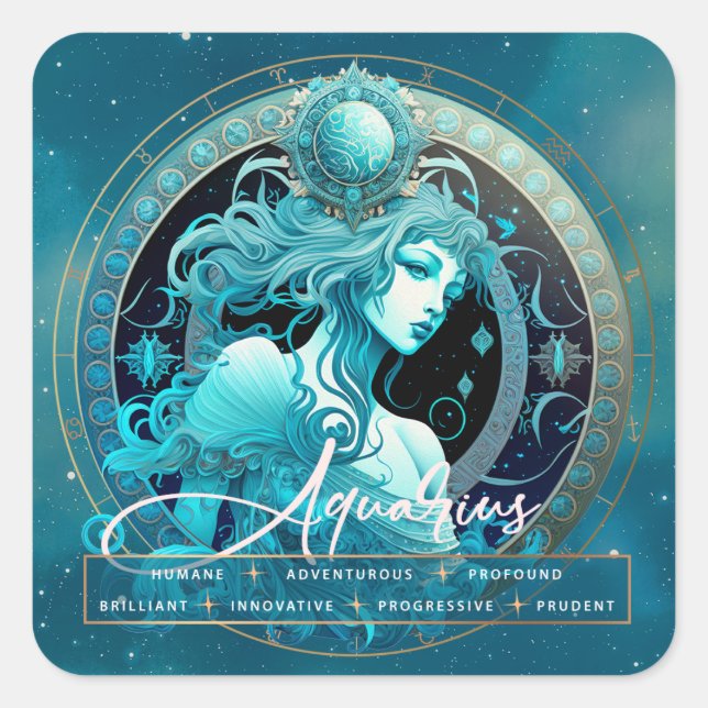 Celestial Aquarius Fantasy Script Ethereal Zodiac Square Sticker (Front)