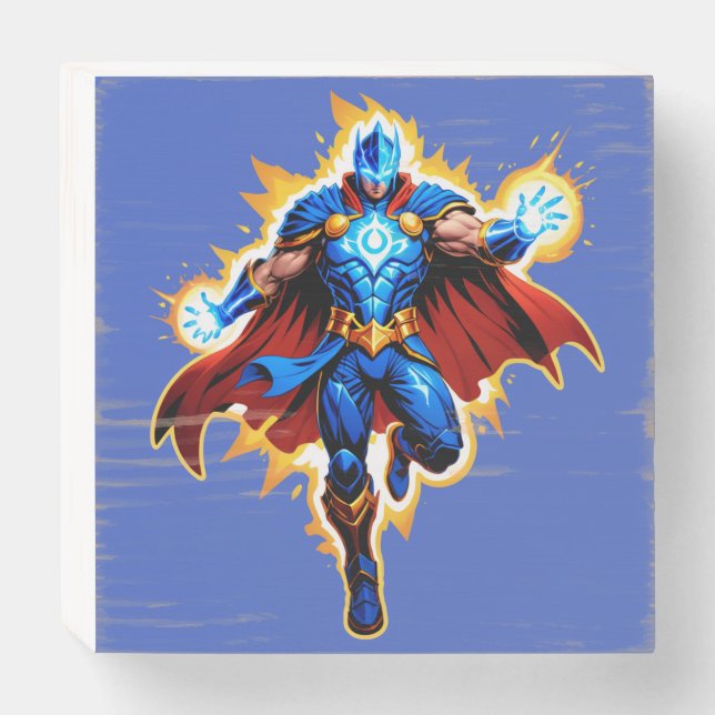 Celestial Arc Knight – Blue Energy Ascension Wooden Box Sign (Front Horizontal)