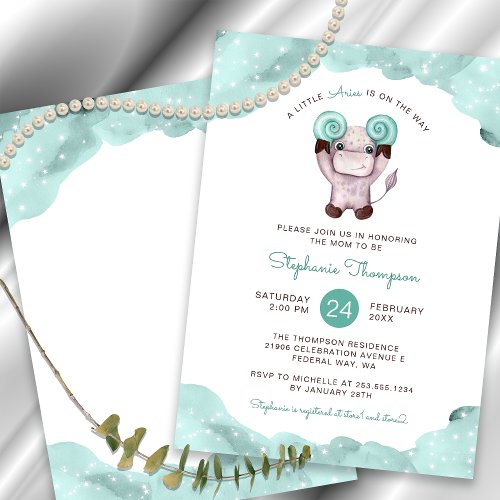 Celestial Aries Astrology Sign Mint Baby Shower Invitation