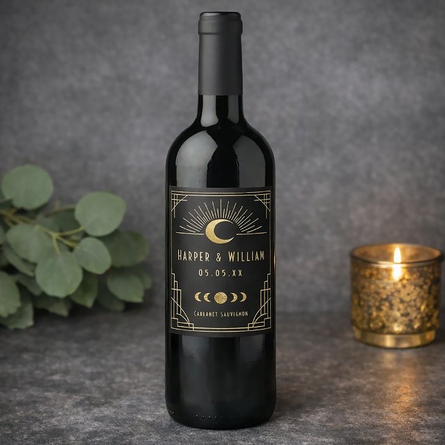 Celestial Art Deco black and gold Wine Label (Elegant Celestial art deco personalized wine label in black and faux gold.)