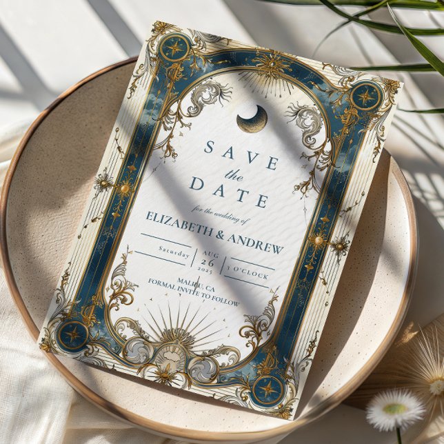 Celestial Art Nouveau Blue Gold Wedding Save The Date (Creator Uploaded)