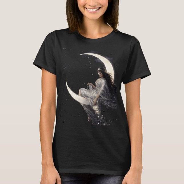 Celestial Art Nouveau Woman on Crescent Moon T-Shirt (Front)