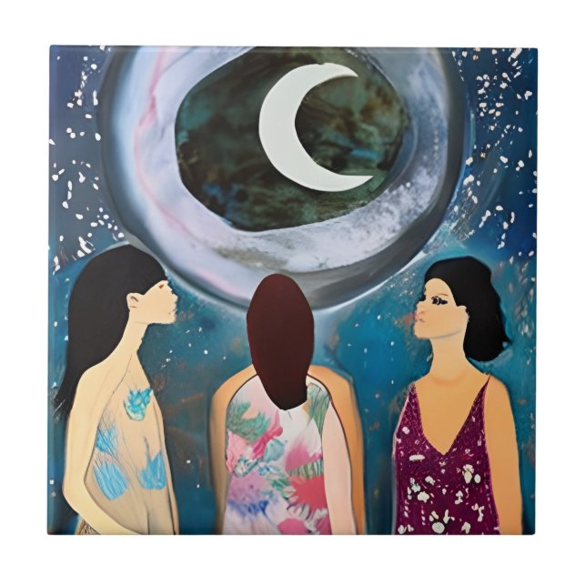 Celestial Artwork | Women Looking at the Moon Ceramic Tile (Front)